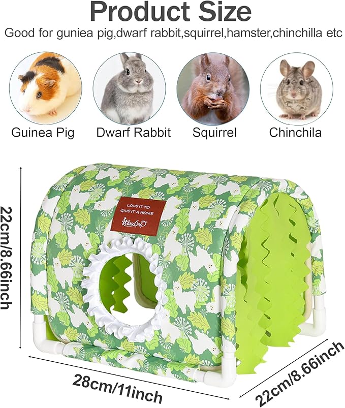 Guinea Pig Hideout Tunnel - Stable Washable Small Animal Tunnel Hide with Curtains,Guinea Pig Accessories for Hamster/Chinchilla/Dwarf Rabbit/Ferret (Green Alpaca, Large)