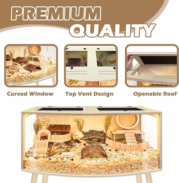 PROLEE Hamster Cage with Curved Design, Chew Proof Wooden Hamsters Enclosure with Leg Stand and Openable Top for Gerbils, Hamster Habitat (48"x20"x20")
