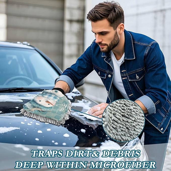 Car Wash Mitt Microfiber Wash Mitts for Car Washing Scratch-Free Cleaning Gloves Soft Non Absorbent Chenille Auto Hand Mitt Medium 2Pack Christmas Snowman Blue White Checkered