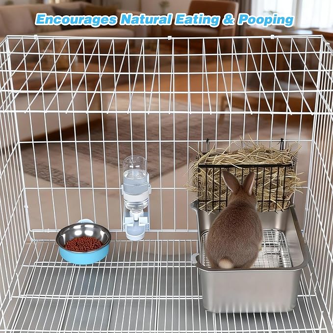 YUEPET 4-in-1 Large Rabbit Litter Box, Non-Slip Stainless Steel Litter Boxes with Sifting Grid & Hay Feeder Food Bowl, Easy Cleaning Bunny Litter Box with Odor Control for Rabbits Small Pets（S）