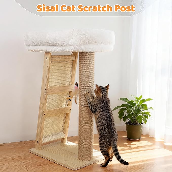 27.5" Cat Scratching Post, 3-in-1 Multifunctional Natural Pine Wood Cat Furniture, Tall Scratch Posts with Perch&Scratcher, Boxed with Hanging Bell Toy, Medium