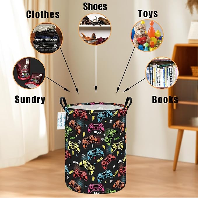 Laundry Basket Canvas Fabric Collapsible Organizer Basket for Storage Bin Toy Bins Gift Baskets Bedroom Clothes Children Nursery Hamper (Game)
