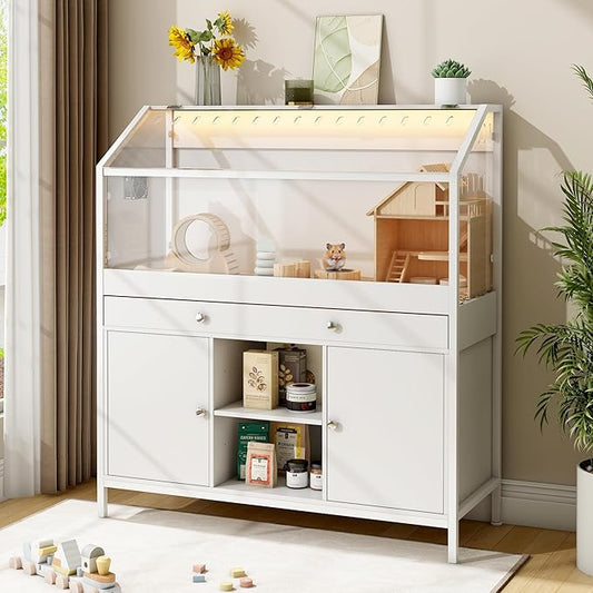 Hamster Cage with Storage Cabinet,43.3" Small Animal Cage with LED Lights and Fan, Easy View Acrylic Panel, Large Habitat for Guinea Pig, Hedgehog,Rat 43.3"x 15.7"x 43.3"