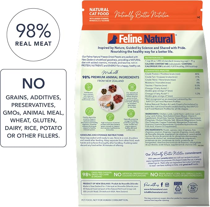 Feline Natural High Protein Dry Cat Food, Freeze-Dried Diet with 98% Meat, Organs & Seafood, No Peas, Grains, or Artificial Additives, Made in New Zealand, Chicken & Lamb, 3.5oz