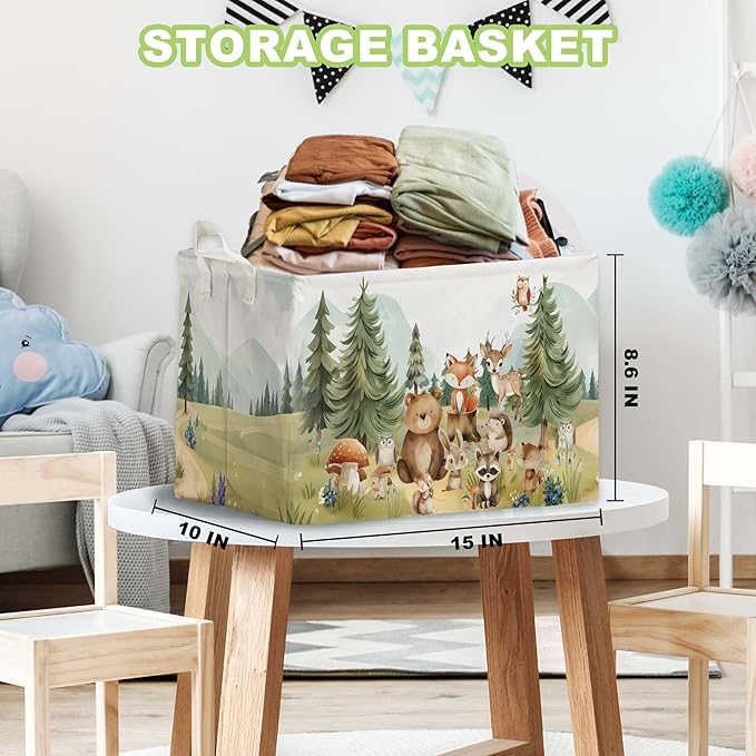 Cute Animals Storage Baskets, Woodland Nursery Decor, Woodland Baby Shower Decorations, Large Squarecanvas Laundry Hamper With A Waterproof PECoating, Foldable Kids Toy Clothes Bins for Bedroom