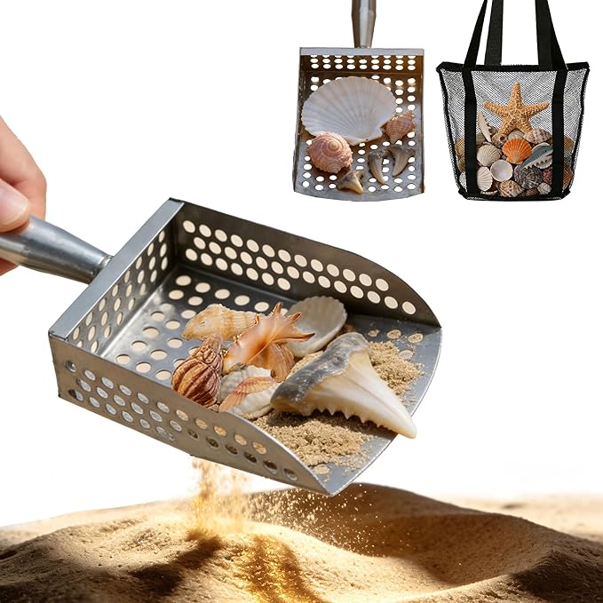 Beach Sand Sifter| Shark Tooth Sifter & Shell Scooper with 1 Mesh Bags, Boys & Girls | Fun Beach Toys for Shell Collecting