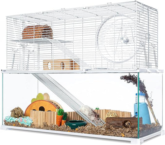 3 Tiers Large Hamster Cages, Glass Hamster Cage Habitat with Openable Wire Topper, Gerbil Cage with Two Ladders Ramps and Removeable Waterproof PVC Tray, Easy to Clean