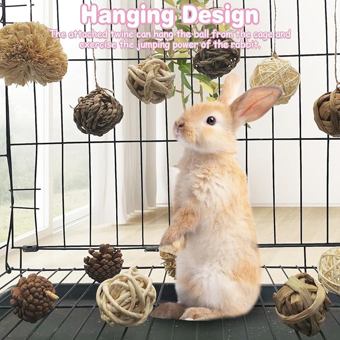 kathson 12 Pack Natural Bunny Chew Balls Small Animal Activity Toys Rabbit Play Ball Rolling Toy Gnawing Treats Timothy Grass Balls for Guinea Pigs Chinchilla Pet Cage Entertainment