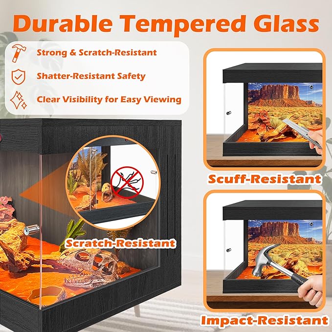 ROYXEN Reptile Tank, 34 Gallons Reptile Enclosure with Lockable Design, Tempered Glass Bearded Dragon Tank for Lizard Habitat, Soild Wood Built-in Sockets (Black, 31.5"x15.5"x15.5")