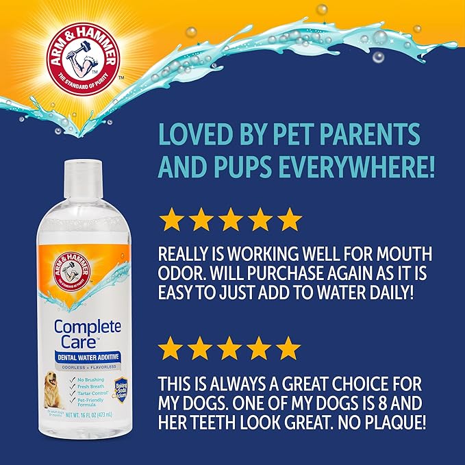 Arm & Hammer Complete Care Dog Dental Water Additive, Odorless Flavorless Daily Oral Care Solution with Baking Soda and Calcium for Plaque, Tartar, and Fresh Breath, 16 Fl Oz
