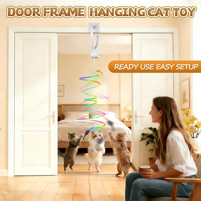 Interactive Cat Toys for Indoor Cats, Automatic Hanging Cat Toys Door Frame & Doorway, with Feather Mouse String Wand Cat Enrichment Toys, Safe Self Play for Bored Multi Cats Households