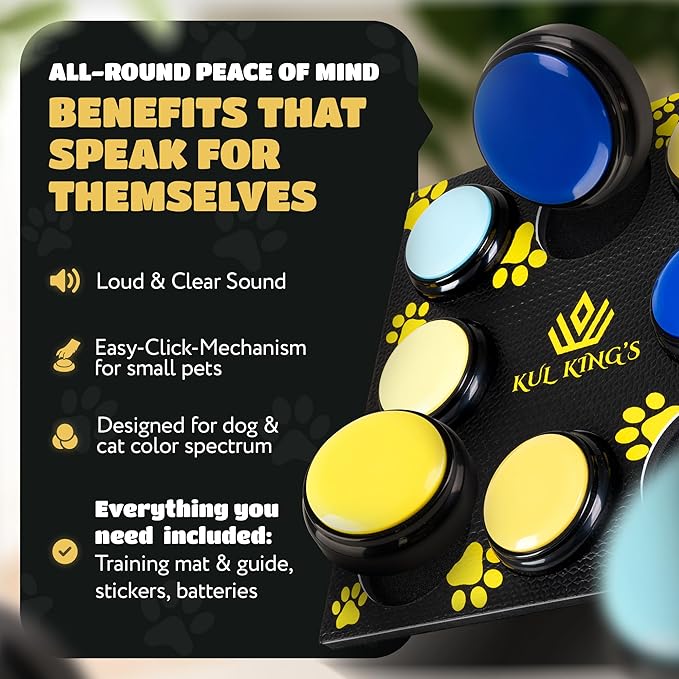 KUL KING'S Waterproof & Non-Slip Dog Talking Buttons - 8 Recordable Buttons with Special Training Mat & Guide, Batteries, Stickers - Talking Dog Buttons for Communication