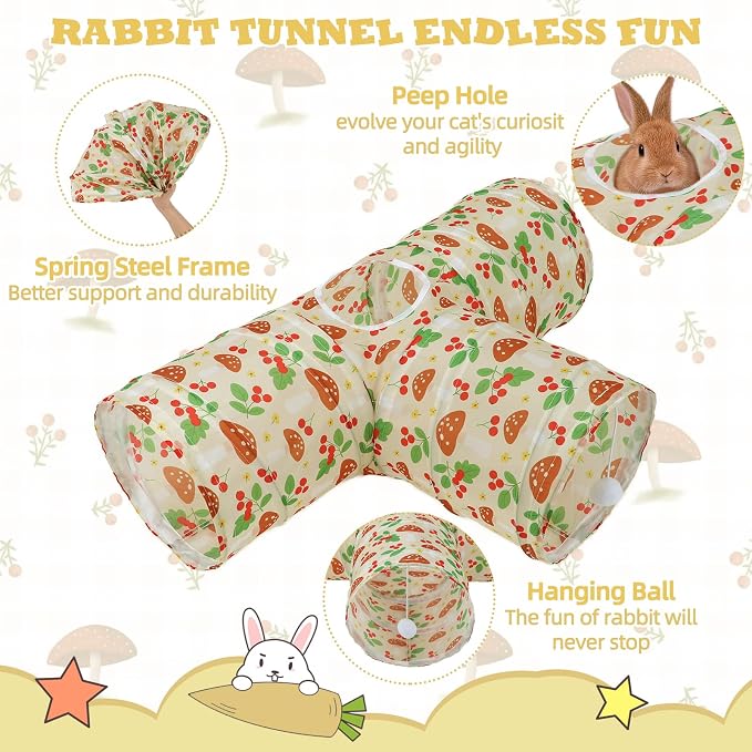 BWOGUE Bunny Tunnels & Tubes Collapsible 3 Way Bunny Hideout Small Animal Activity Tunnel Toys for Dwarf Rabbits Guinea Pigs Kitty