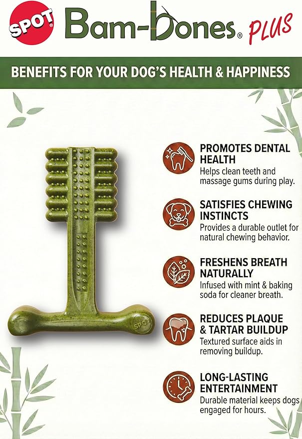 SPOT Bam-Bones Plus Toothbrush Dog Chew Toy 2-Pack for Small Dogs 10-30 lbs, Bamboo & Nylon Dental Chew with Mint & Baking Soda, T-Bone for Moderate to Heavy Chewers, 4 Inch
