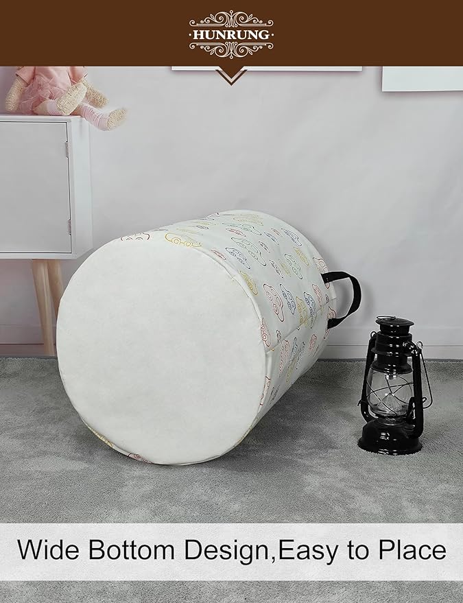 Collapsible Fabric Storage Basket, Waterproof Laundry Hamper with Handles, Round Storage Bin for Clothes Toys, Foldable Organizer for Bedroom Nursery Bathroom(Round-Colorful Car)