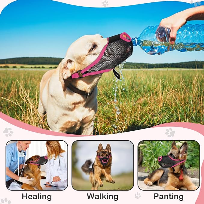 Dog Muzzle, Soft Air Mesh Muzzles for Medium Sized Dogs, Breathable Dog Mussels for Scavenging Biting Licking & Barking, Adjustable Mouth Guard with Front Opening, Allows Panting and Drinking(Pink,M)