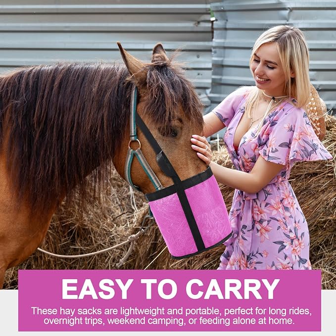 Sumind 2 Pcs Feed Horses Bag for Grain Hay Bags Heavy Duty Mesh Horse Feeder with Adjustable Strap Comfort Neck Pad Nose Pad and Waterproof Bottom Muzzle(Pink)
