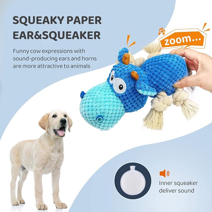IOKHEIRA Dog Plush Toy for Large Aggressive Chewers,Indestructible Dog Squeaky Toys,Stuffed Animals Toys with Cotton Material and Crinkle Paper,Durable Chewing Toys (Royal Blue, Cattle)