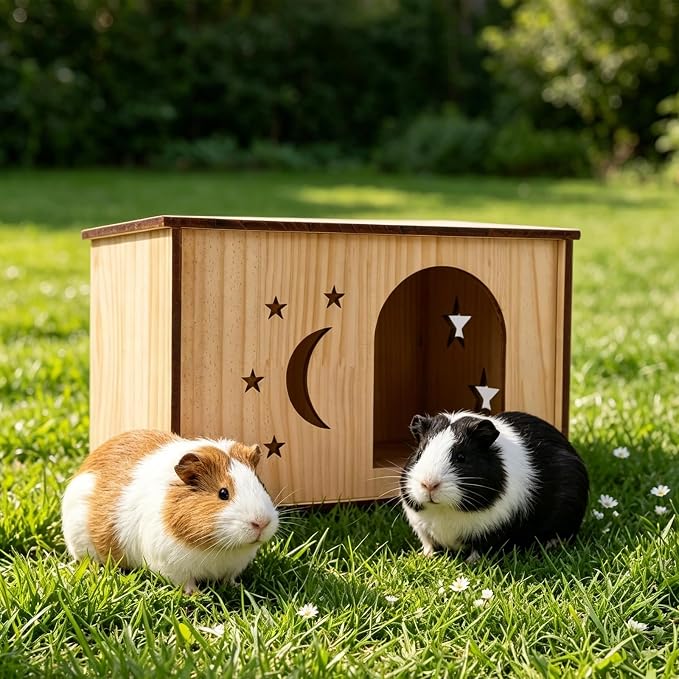 Wooden Guinea Pig House – Natural Wood Hideout for Chinchilla, Degu, Little Rabbit, Hedgehog, Squirrel – Gnaw Safe & Sunbathing Platform – Cage Accessories – 30x20x20 cm