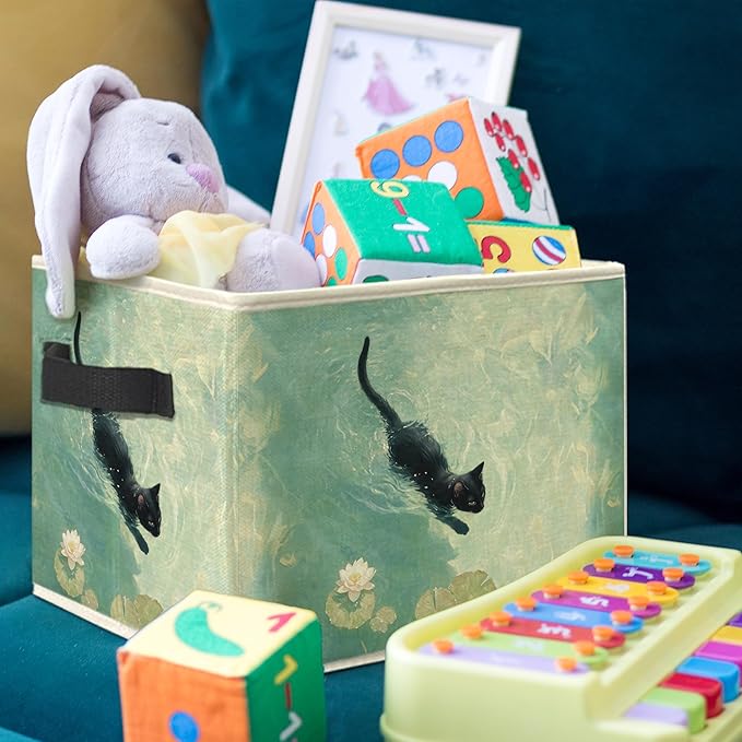 Black Cat Swimming in Pond Storage Bin Box, Cat Lover Mom Lady Grandma Gifts Collapsible Storage Basket Organizer for Bedroom Bathroom Home Clothes Toys Books, Toybox for Girls