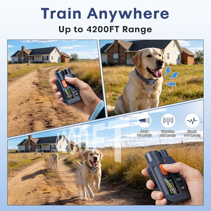 Dog Shock Collar with Remote Control, 4200FT Range, 4 Modes for Dog Training, Equipped with Ultrasonic Anti Barking, Rechargeable IP67 Waterproof Safe E Collar for Small Medium Large Dogs (10-150lbs)