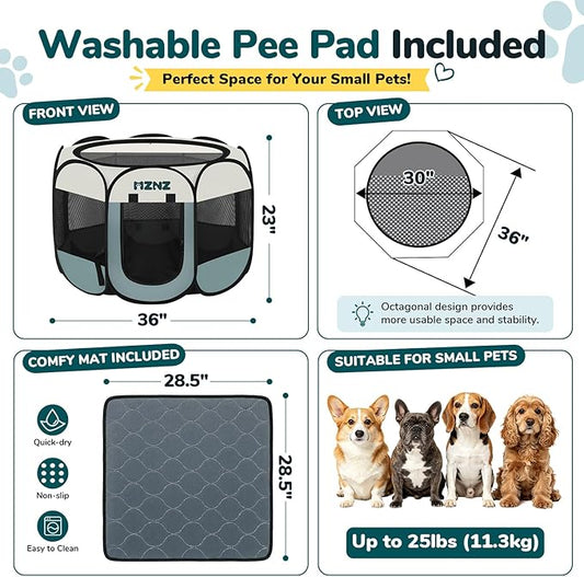 Dog Cat Playpen with Pee Pad, Portable Puppy Pet Crate Indoors for Small/Medium Dogs Cats Rabbits, Foldable Dog Cage Enclosure for Outdoor, Pop Up Dogs Tent Kennel with Carrying Case, Grey