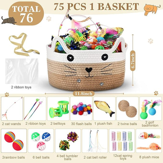 Zopeal 76 Pcs Graduation Cat Storage Basket Gift Toys Set Interactive Cat Toys Kitten Wand Colorful Flashing Balls Pet Crinkle Balls Attract Kitten to Swat, Hunt for Pet Indoor(Khaki)