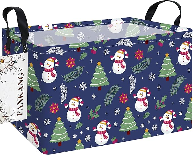 Storage Bins,Christmas Nursery Hamper Canvas Laundry Basket Foldable with Waterproof PE Coating Storage Baskets for Boys and Girls, Office, Bedroom,Toys(Rec-Christmas snowman ）