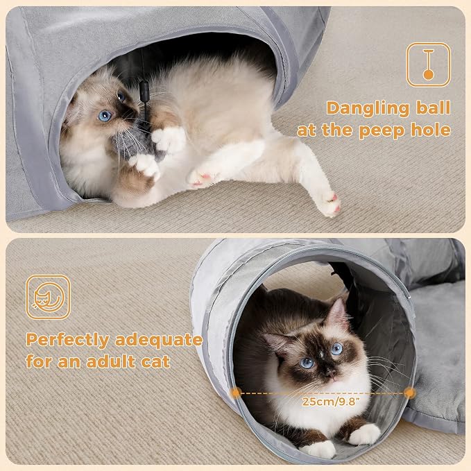 PAWZ Road Donut Cat Tunnel Bed with Center Mat, Peek Hole & Hanging Balls | Large Collapsible Cat Tunnel Donut with Soft Center Mat, Peek Hole, Interactive Hanging Ball, Cat Play Tunnel for Indoor Cats