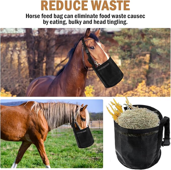 Lemecima 2 Pcs Horse Feed Bag Comfort Breathable Mesh Feed Bucket Heavy Duty Feed Bag with Adjustable Strap and Waterproof Bottom for Horse Feeding Supplies Muzzle Feed Bag, Medium (Black)