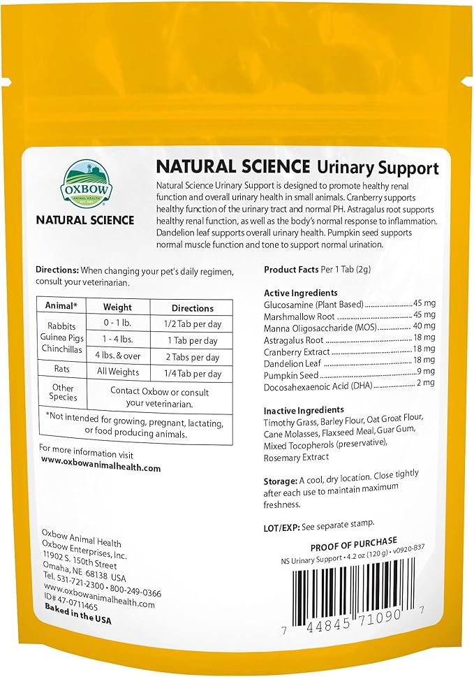 Oxbow Natural Science Urinary Support, Urinary Supplement for Rabbit & Guinea Pig, Made with Oxbow Timothy Hay, Includes Cranberry, Astragalus Root, Pumpkin Seed, Made in USA, 4.2 oz Bag