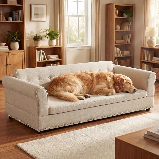 55" Dog Sofa for Medium to Large Dogs, Button Tufted Dog Couch Bed with Backrest and Armrests, Durable Memory Foam Pet Bed, Removable Cushion for Medium and Large Dogs,Beige