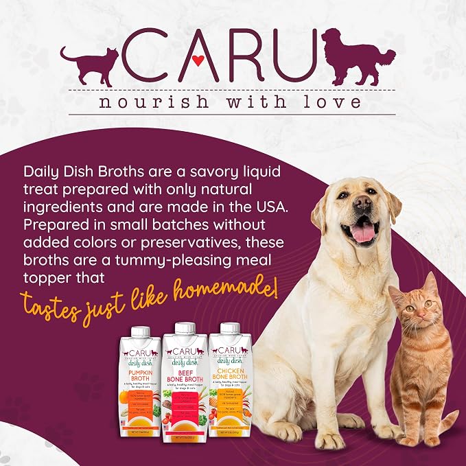 Caru - Daily Dish Pumpkin, Beef & Chicken Bone Broth - Meal Topper for Dogs & Cats - Supports Overall Pet Health - Pour-Over Broth for Wet/Dry Food - Human Grade Ingredients - 12 Pack Variety