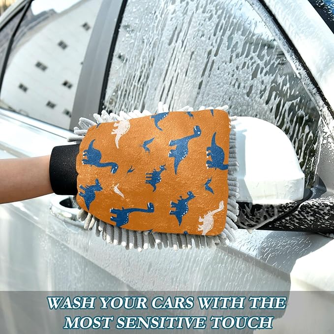 Car Wash Mitt Microfiber Wash Mitts for Car Washing Scratch-Free Cleaning Gloves Soft Non Absorbent Chenille Auto Hand Mitt Large 2Pack Cute Orange Dinosaurs