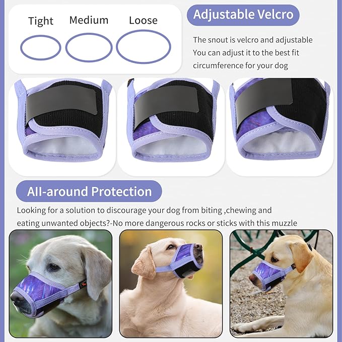 HEELE Dog Muzzle,Soft Nylon Muzzle Anti Biting Barking Chewing,Air Mesh Breathable Drinkable Adjustable Loop Pets Muzzle for Small Medium Large Dogs 4 Colors 4 Sizes (P-Meteor Purple, M)
