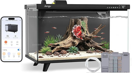M1 5 Gallon Aquarium Starter Kit, App Control Smart Fish Tank with Filter, Auto Feeder, Quiet Pump, Timer Light, Temp Display, Crystal-Clear Glass Desktop Betta Tank for Guppy Shrimp, Black