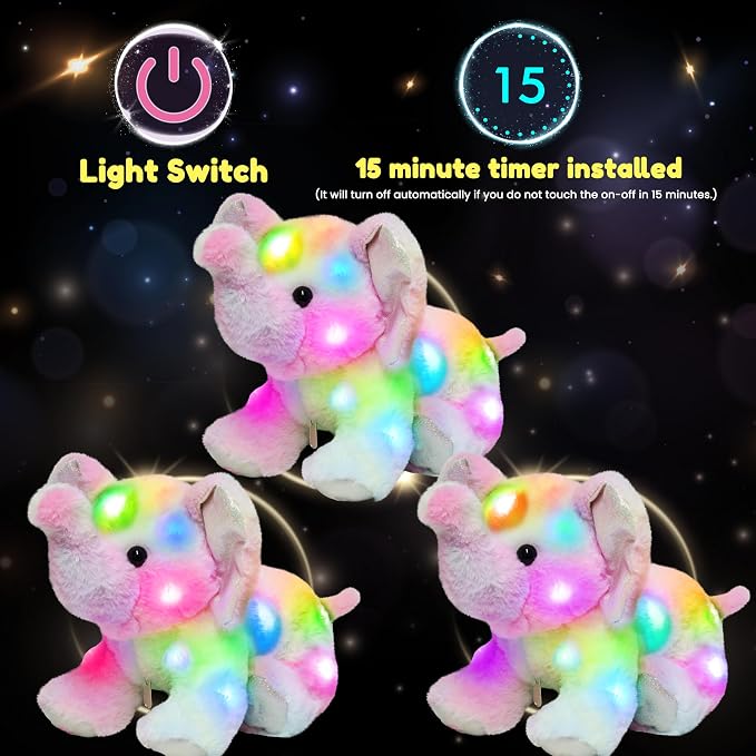 Hopearl LED Plush Colorful Elephant Light up Stuffed Mommy Elephant with 3 Baby Elephish in her Tummy Floppy Stuffed Animal Playset Night Lights Glow in the Dark Birthday Gifts for Toddlers, 18''