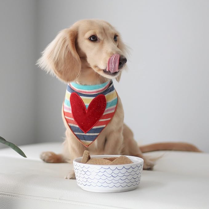 Waggo Ceramic Dog Bowl – Blue & White Wave Pattern Pet Food & Water Bowl – Durable, Dishwasher Safe Modern Dog Dish (Medium)