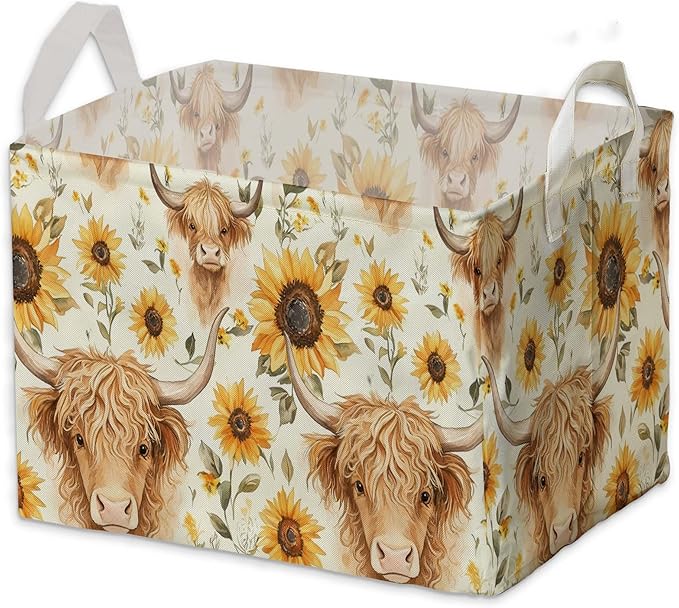 Sunflower Highland Cow Storage Basket, Highland Cow Nursery Decor, Closet Shelf Organizer Baskets for Nursery Decor, Bathroom, Bedroom, Large Squarecanvas Laundry Hamper With Foldable