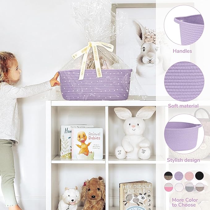 CHICVITA Small Woven Basket with Gift Bags & Ribbon Baskets for Gifts Empty, Rope Baskets for Organizing, Home Decoration for Kids,13.6"x 10" x 6", Purple
