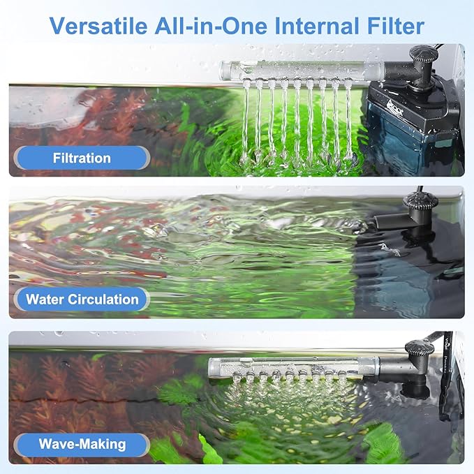 AQQA Internal Aquarium Filter - Submersible 5-40 Gallons Fish Tank Filters, Adjustable Wave Maker, Bottom Inlet Whisper Pump and Underwater Automatic Power Water Filter System for Freshwater (M)