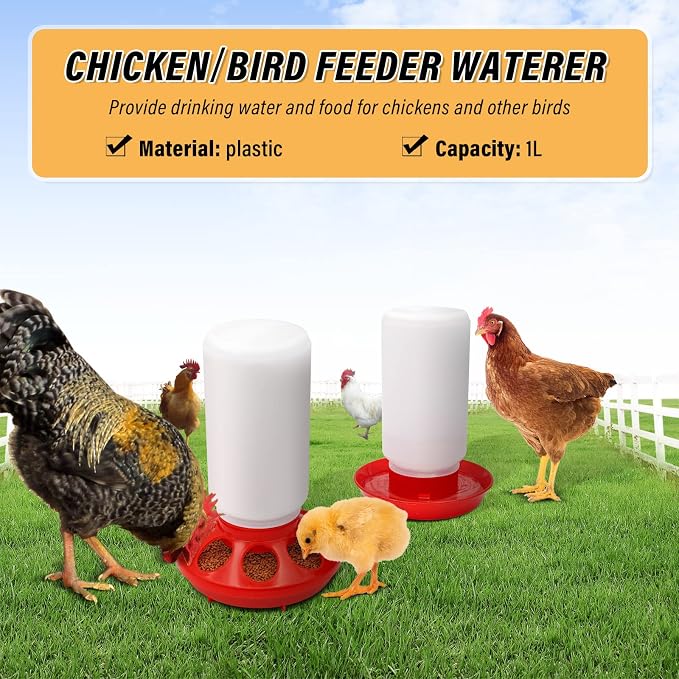 Chicken Feeder and Waterer Set Hanging Chicken Waterer Feeder for Poultry Duck Quail Chick Baby Automatic Chicken Feeders no Waste Bird Water Dispenser Chicken Coop Accessories Supplies (Red)