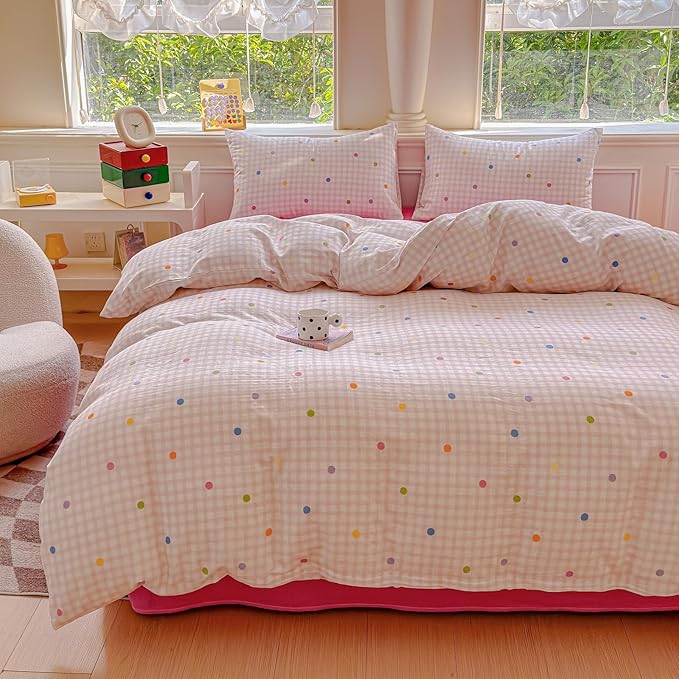 BlueBlue Pink Grid Duvet Cover Set Queen 100% Cotton Soft Lightweight Gauze Bedding Rainbow Polka Dot on Plaid 1 Abstract Geometric Full Comforter Cover 2 Pillow Shams, Queen