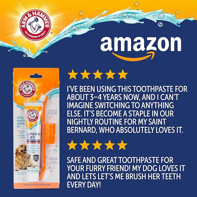 ARM & HAMMER Dog Dental Kit - Enzymatic Dog Toothpaste 2.5 oz Chicken Flavor - Dog Toothbrush & Finger Brush - Tartar & Gum Cleaning with Baking Soda Enhanced Formula - Complete Dental Care for Dogs