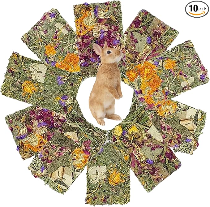 10 Pcs Rabbit Chew Toys for Teeth,Chinchilla Natural Timothy Hay Chips Treats Guinea Pig Floral Scent Snacks Treats Dental Health Chewable for Hamsters,Rabbits,Bunny,Chinchillas