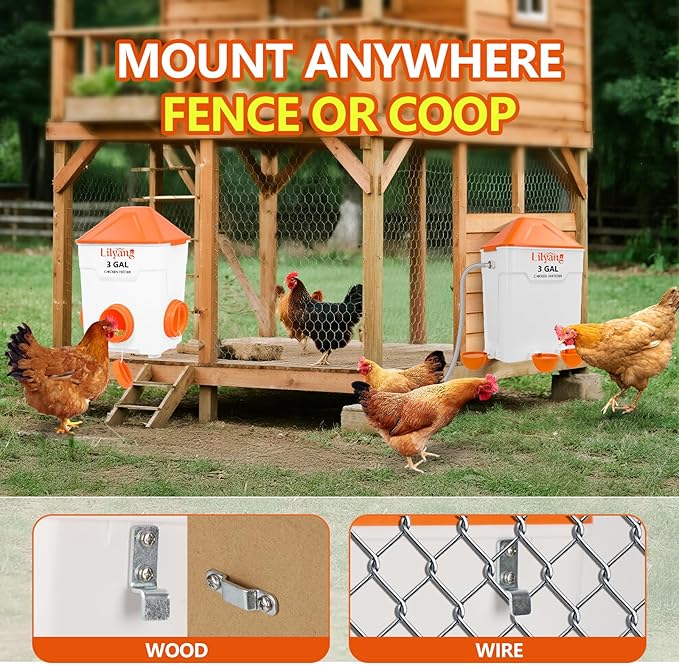 Lilyang Automatic Chicken Waterer & Feeder 3 Gallon, Auto-Refill Chicken Waterer with Float Valve, Anti-Spill Feeder & Leak-Proof Cups, End Daily Refilling & Mess, Standing or Hanging Use