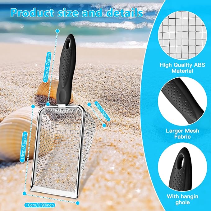 Beach Mesh Shovel for Shell Collecting, Stainless Steel Sand Sifter Scoop for Kids, Sand Scooper Beach Toy for Seashells, Shark Teeth, Sea Glass & Treasure Hunt, Black