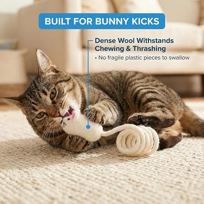 Glaciart One Felt Mouse Cat Toy – Soft Fuzzy Enrichment 100% Natural Wool - Interactive Catnip Play Cat Toy Set - Safe for Pets, Non-AZO Colored Dyes - 42” Long