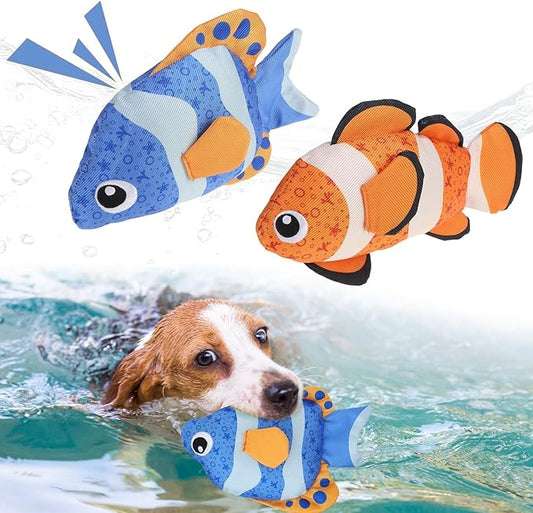 BINGPET Floating Dog Toys, 2 Pack Durable Squeaky Fish Water Toy for Pool Beach Outdoor Interactive Fetch, Oxford Fabric Summer Swimming Pool Toys for Small Medium Large Dogs