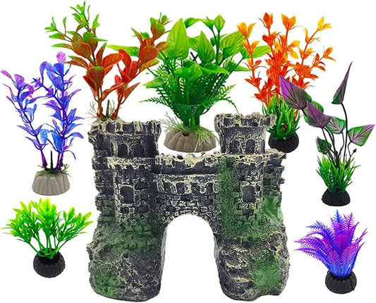 8PCS Aquarium Castle Decor, Resin Fish Tank Accessories with Artificial Plants for Saltwater Aquariums, Small Fish Tank Decor